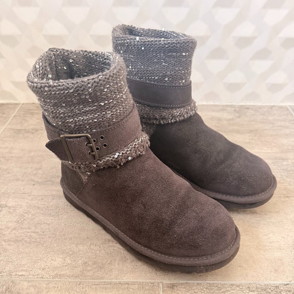 UGG Australia Cambridge Metallic Grey Suede Boots Belted Knit Size 7